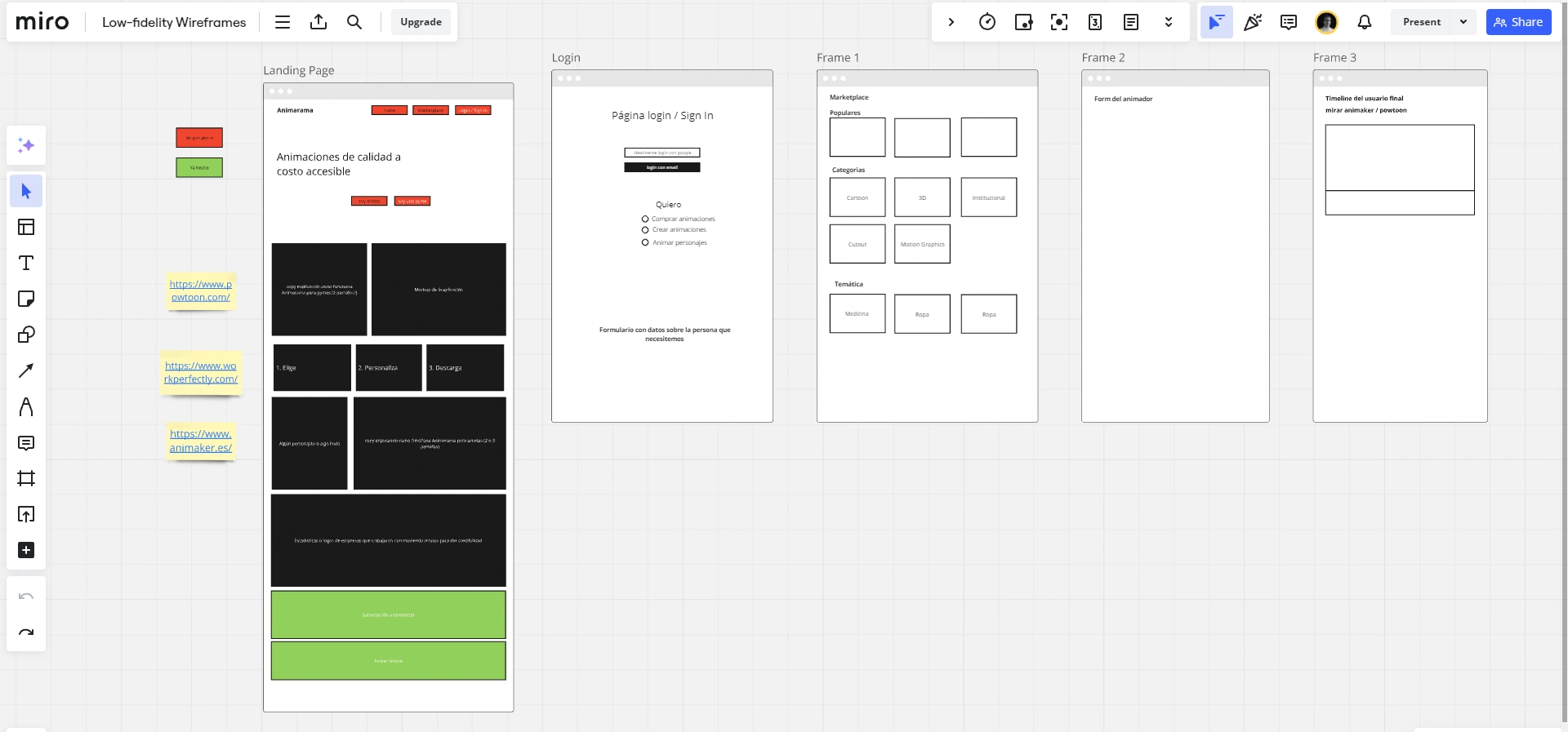 Screenshot of wireframe min Miro webapp